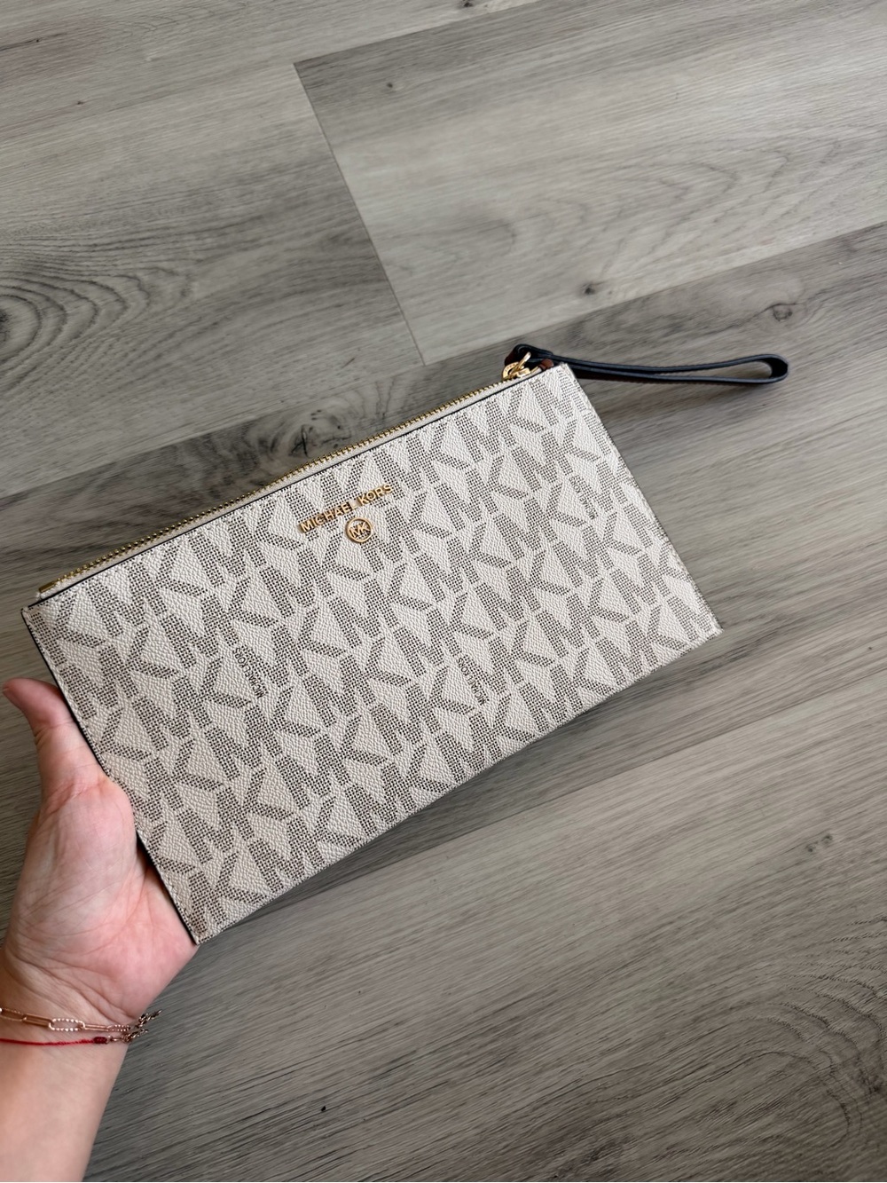 Michael Kors Cream Logo Wristlet Clutch with Gold Hardware